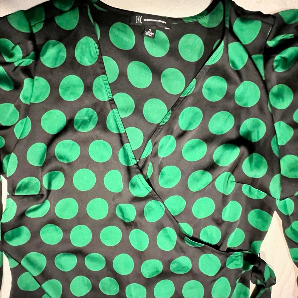 INC Green Polka Dot Wrap Top Size L - Picture 2 of 6